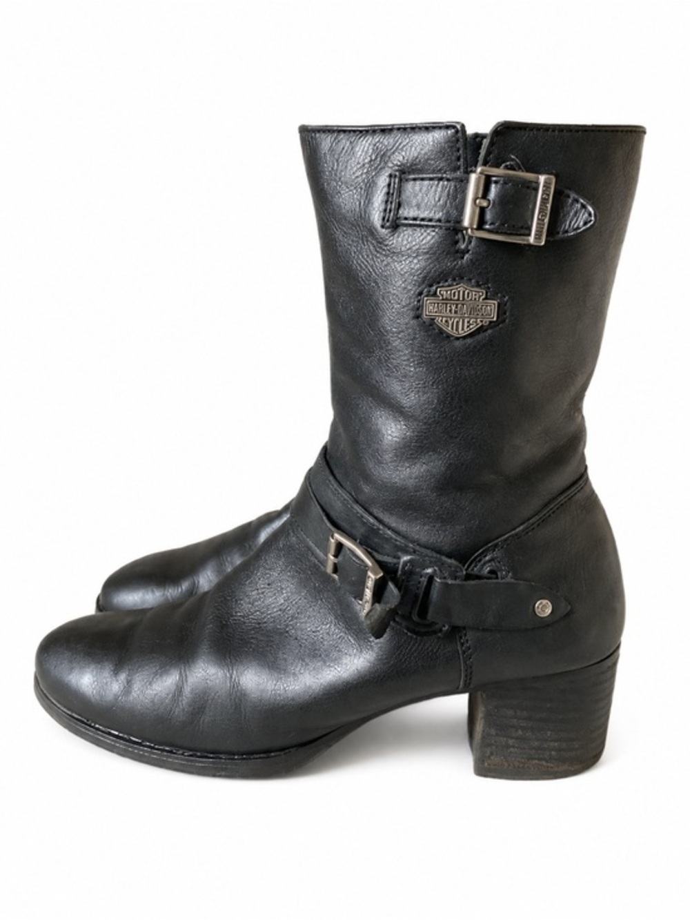 Harley-Davidson Serita Black Leather Moto Boots Buckle Zip Women’s 9